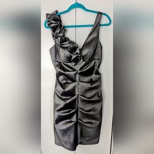Xscape Taffeta Ruched Stretch Cocktail Dress in Gray/Silver Metallic.